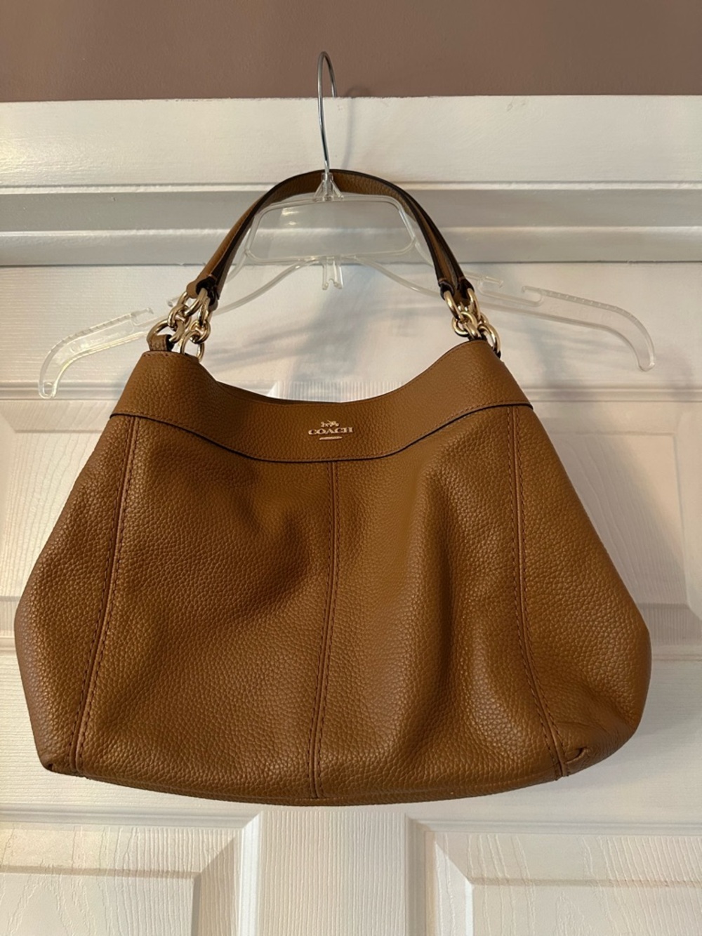 Coach Pebbled Leather Shoulder Hobo in Cognac Brown with Gold Hardware